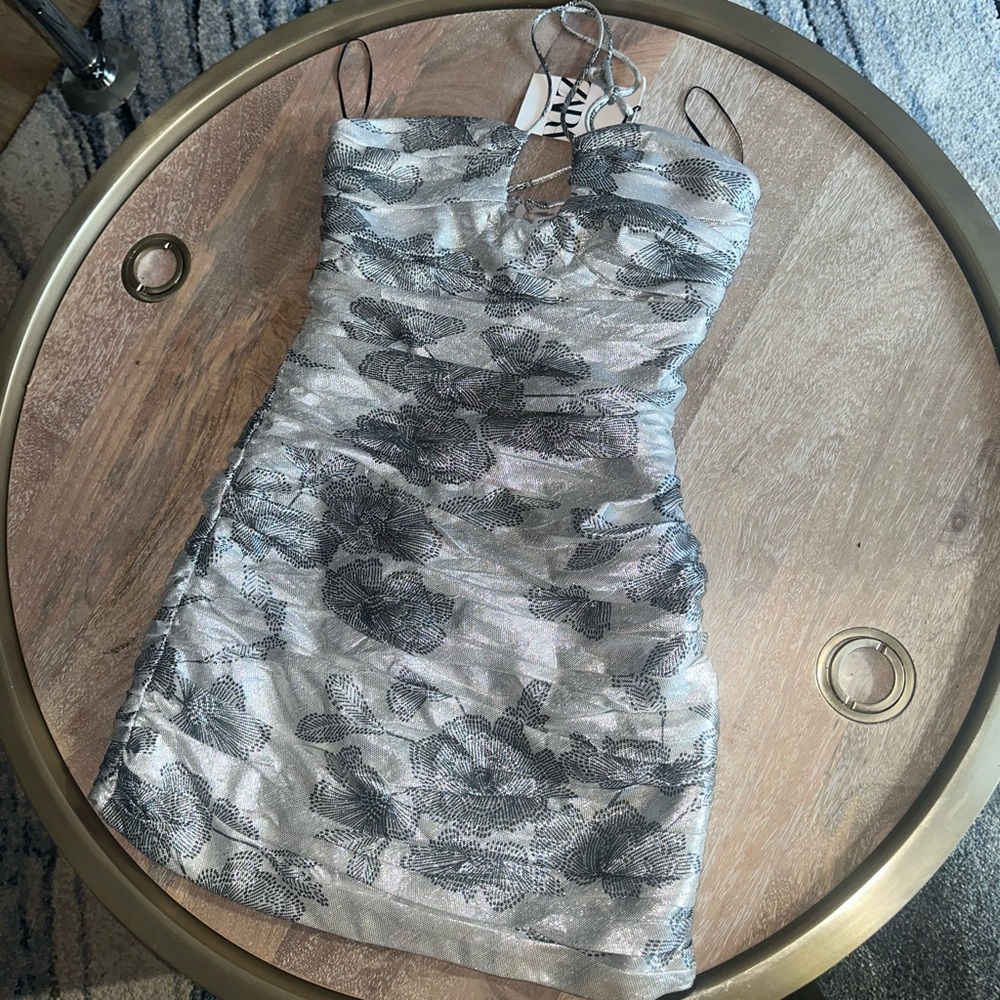 NWT Zara Silver Short Draped Dress with Metallic Thread